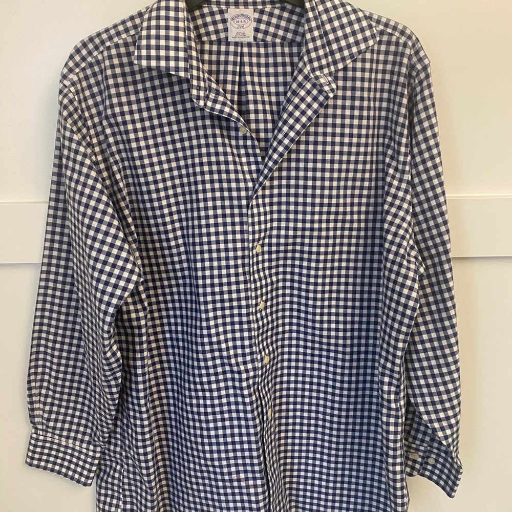 Brooks Brothers Dress Shirt Mens 18 4/5‎ Button Up Blue White Check
